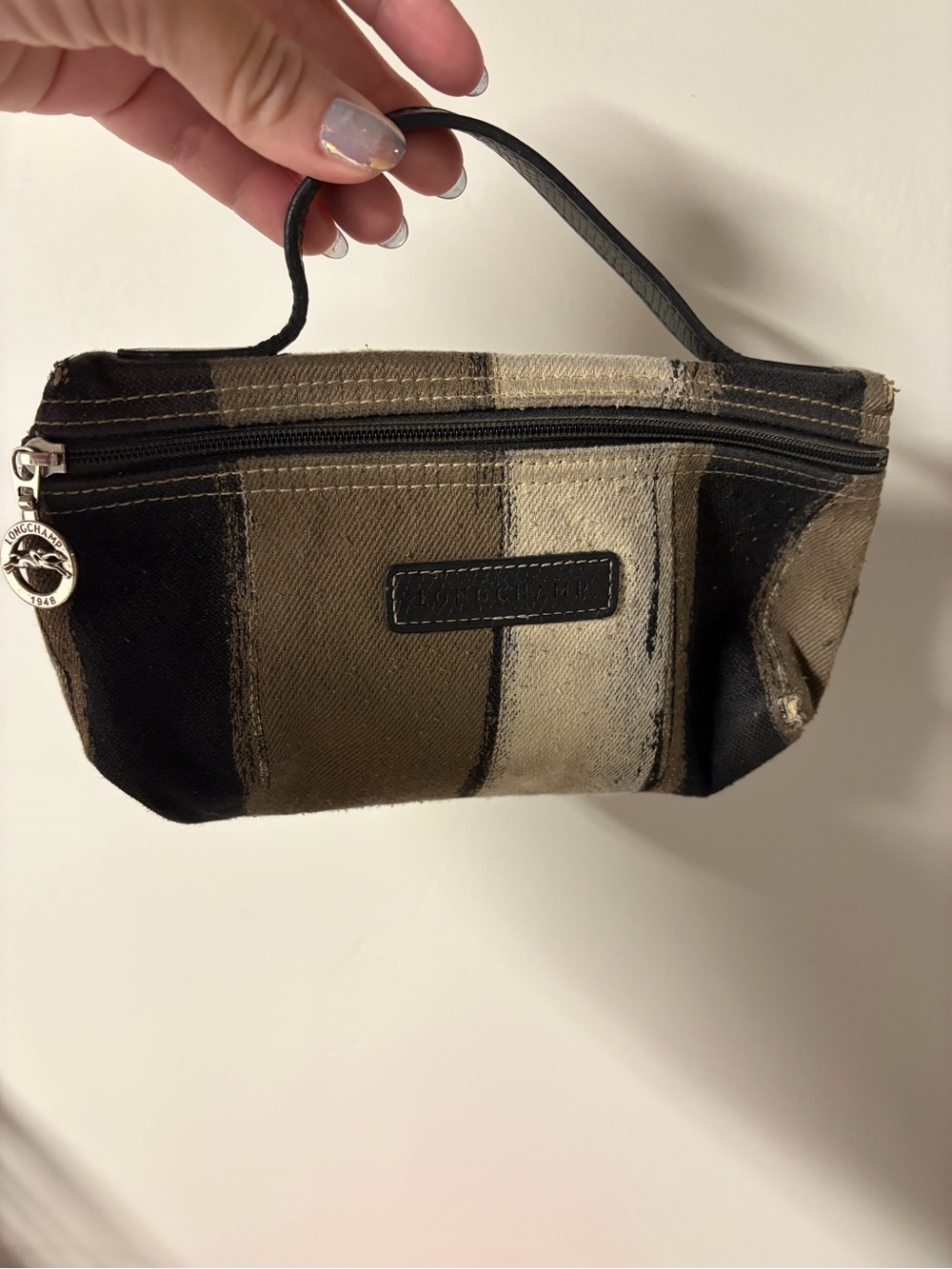 Longchamp Striped Canvas Wristlet in Black and Tan